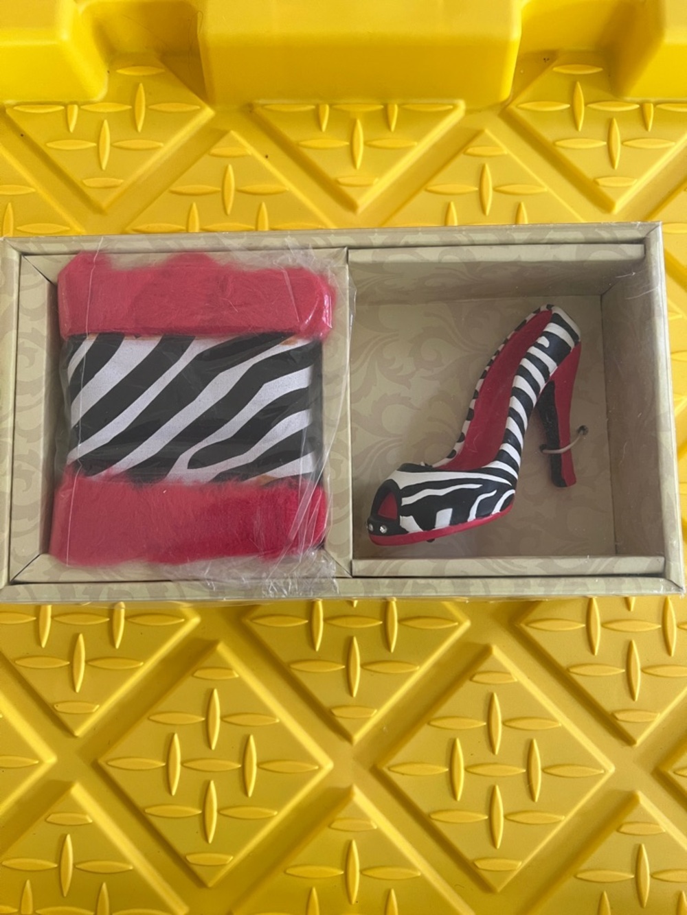 Bottle opener and coozie. Zebra Print Red High Heel Decorative Shoe -